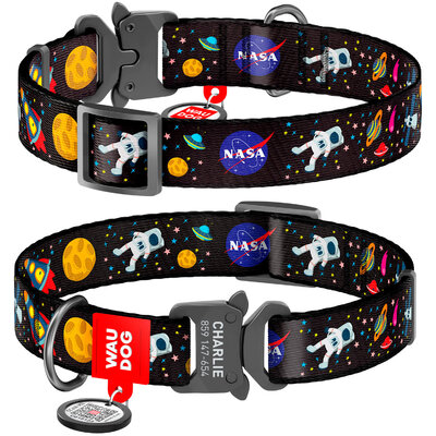 Nylon dog collar WAUDOG Nylon with QR passport with pattern "NASA", melal buckle-fastex with an area for engraving 